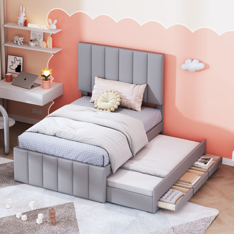 foto del prodotto okwish letto imbottito 90 x 200 cm con letto estraibile e cassetti, rivestimento in lino delicato sulla pelle, letto singolo piatto, lettino per