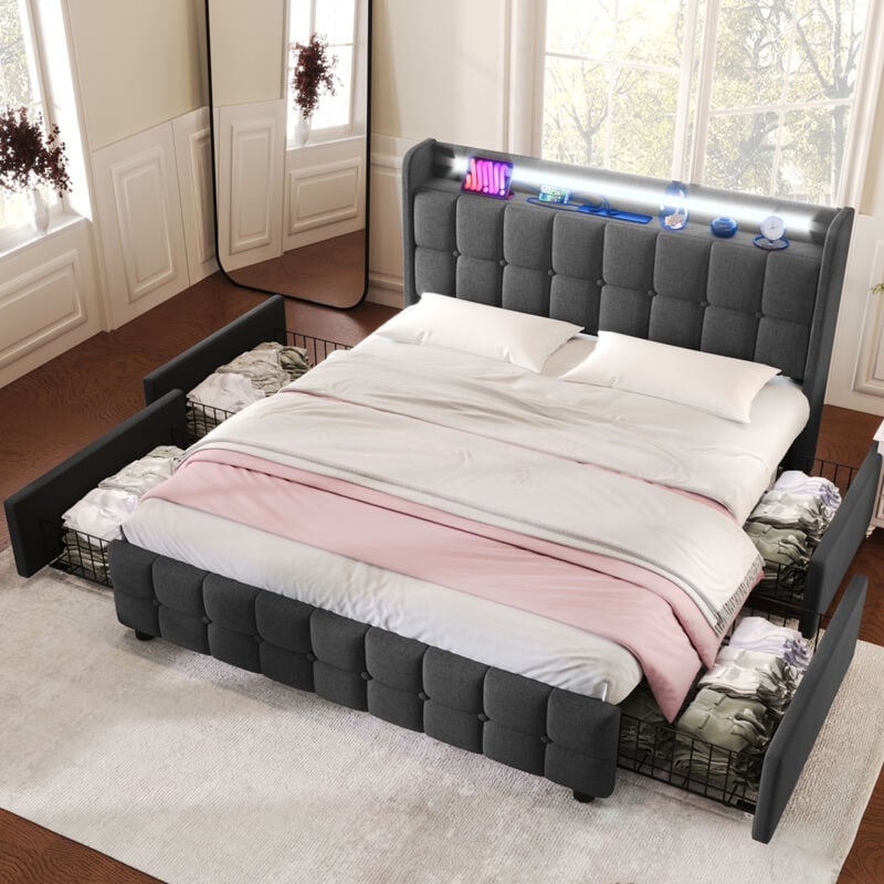 foto del prodotto okwish letto imbottito con funzione di ricarica usb, testiera e illuminazione a led e 4 cassetti, letto matrimoniale 180x200 cm spazio contenitore