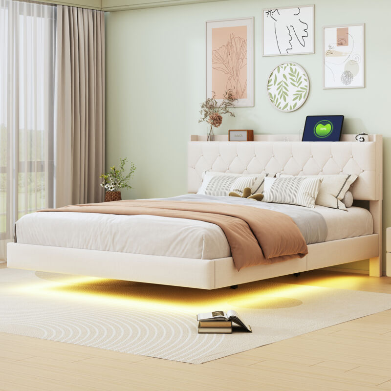 foto del prodotto okwish letto imbottito da 160 x 200 cm con porta di ricarica usb e striscia luminosa a led che cambia colore, letto matrimoniale in tessuto di lino