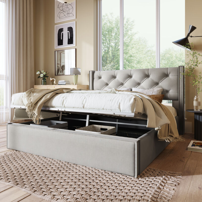 foto del prodotto okwish letto imbottito idraulico, 160x200 cm, con rete a doghe in metallo, cotone grigio