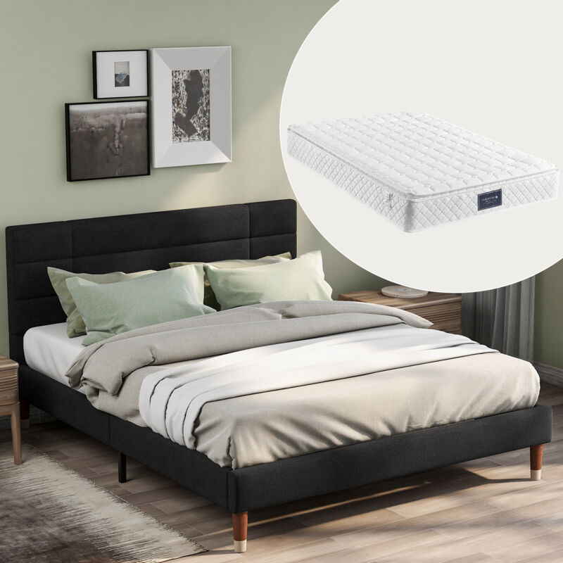 foto del prodotto okwish letto imbottito, letto matrimoniale con rete a doghe, giroletto imbottito con testiera 140x200 cm, per adulti e ragazzi nero con materasso