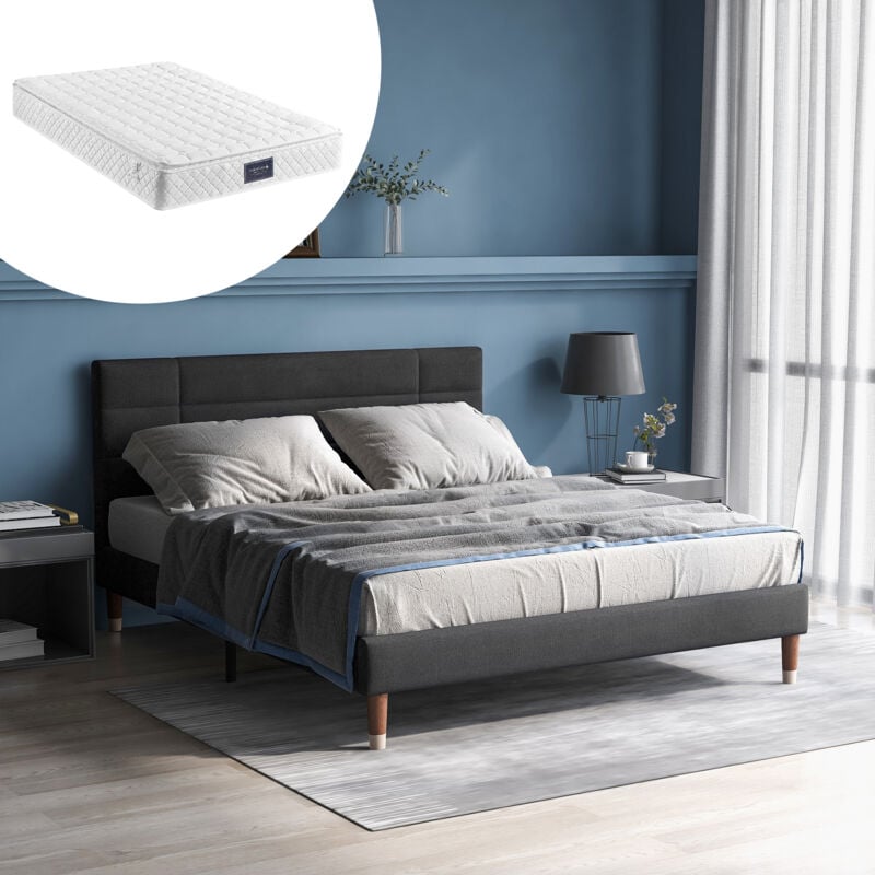 foto del prodotto okwish letto imbottito, letto matrimoniale con rete a doghe, giroletto imbottito con testiera 140x200cm, per adulti e ragazzi grigio con materasso