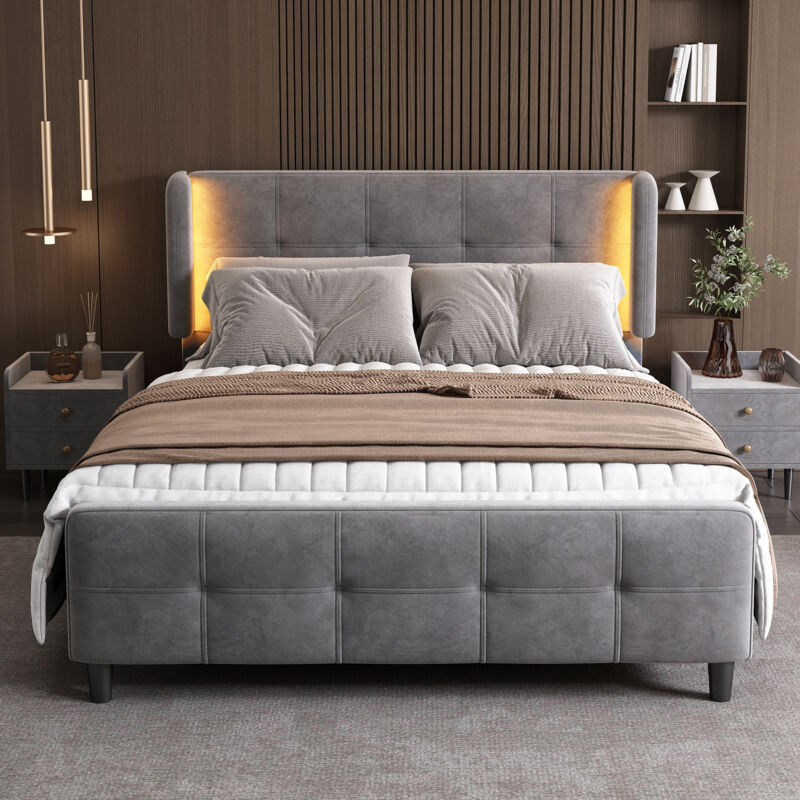 foto del prodotto okwish letto imbottito, letto matrimoniale con strisce led a 16 colori sulle orecchie laterali, testiera e pediera trapuntate, chiglia in metallo,