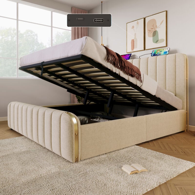 foto del prodotto okwish letto imbottito, letto matrimoniale, testiera imbottita con finiture dorate e funzione di ricarica usb type c, 180 x 200 cm, tessuto in lino
