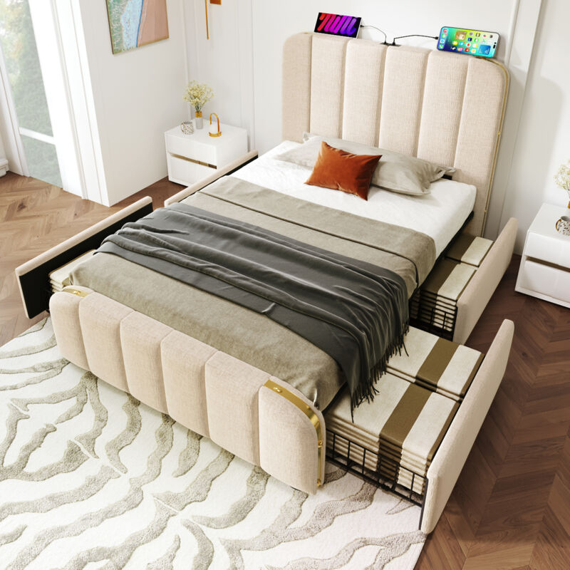 foto del prodotto okwish letto imbottito letto singolo, testiera imbottita con strisce decorative dorate e funzione di ricarica usb type c 90200 cm, tessuto di lino