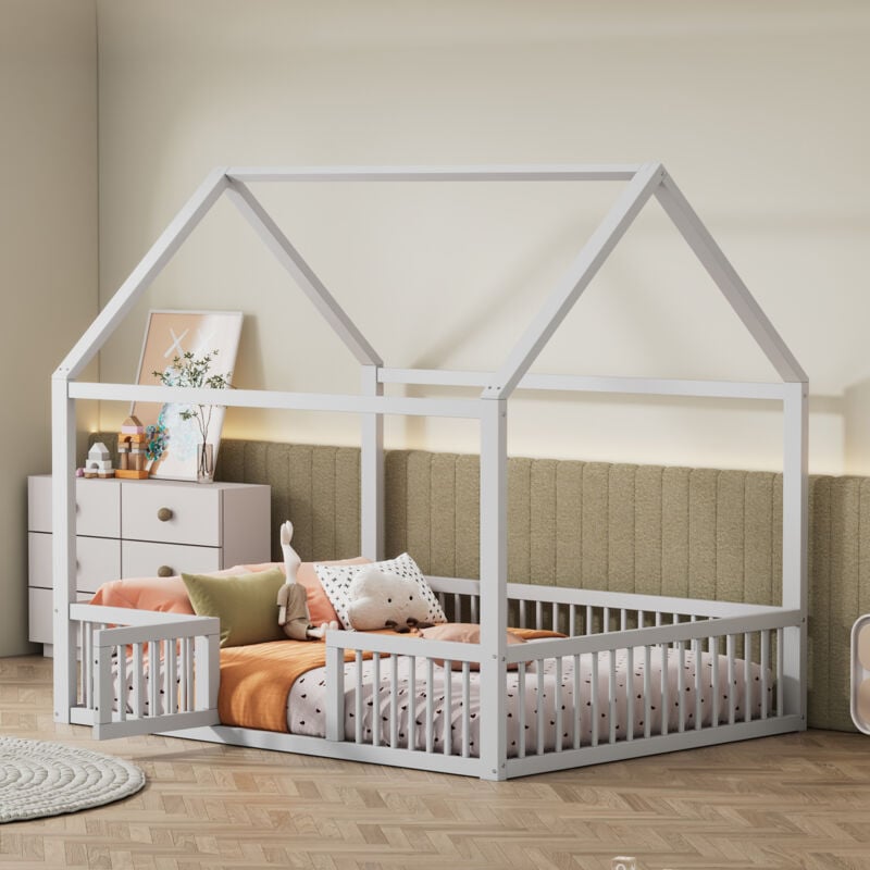 foto del prodotto okwish - letto in legno massello 140200 cm, letto matrimoniale, letto piano, letto a casa, letto a casa con porta, bianco