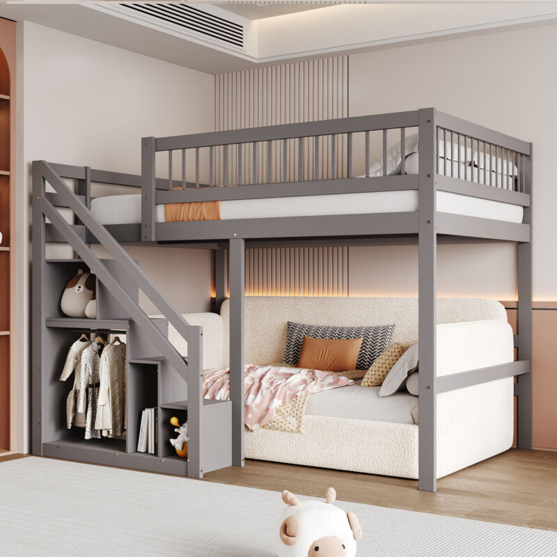 foto del prodotto okwish letto in legno massiccio 140200, scala con armadio, sponda alta, letto per bambini, letto per giovani, struttura letto in legno massiccio,