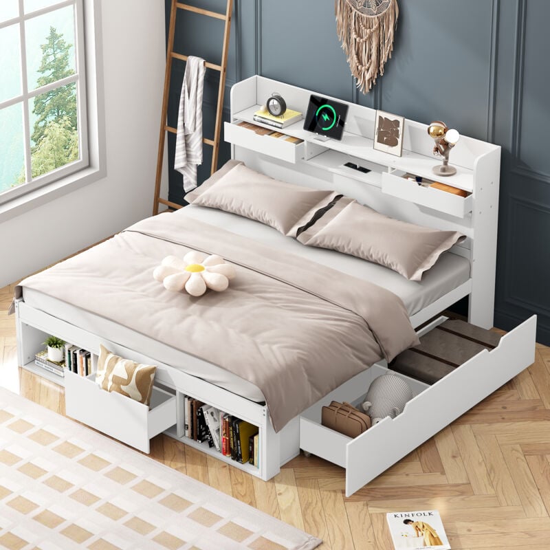 foto del prodotto okwish letto matrimoniale, 140200cm, con porta usb e cassetti e mobiletto portaoggetti, letto per bambini, letto per ragazzi, letto