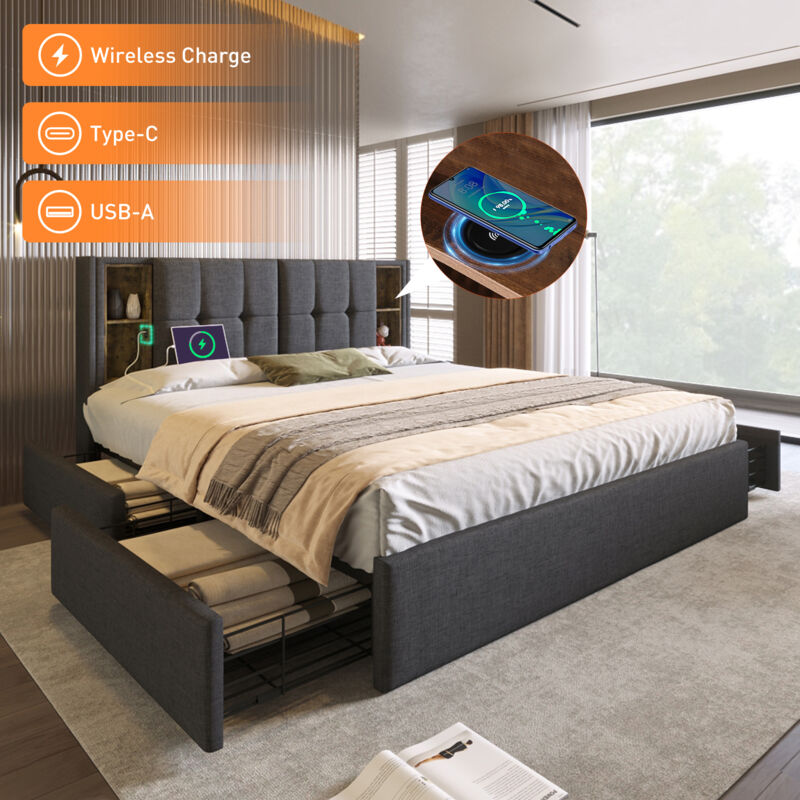 foto del prodotto okwish letto matrimoniale con ricarica wireless usb c e 4 cassetti, giroletto imbottito 160x200 cm, rete a doghe in legno e lino grigio senza