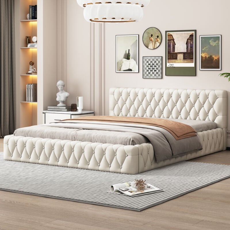foto del prodotto okwish letto matrimoniale imbottito per ragazzi 140 x 200 cm, in velluto delicato sulla pelle, beige