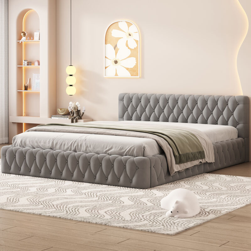 foto del prodotto okwish letto matrimoniale imbottito per ragazzi 140 x 200 cm, in velluto delicato sulla pelle, grigio