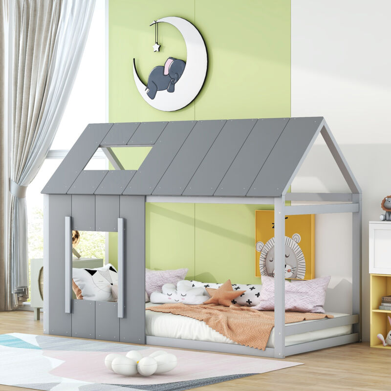 foto del prodotto okwish letto per bambini 90 x 200 cm, letto per bambini a forma di casetta, letto piatto singolo con tetto e finestra, grigio scuro grigio chiaro