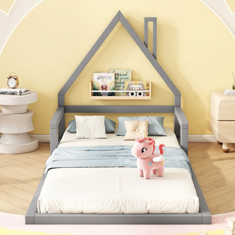 foto del prodotto okwish letto per bambini 90200 cm, letto piano, a forma di casa, pino massiccio, forma semplice, grigio