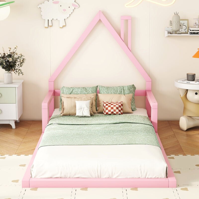 foto del prodotto okwish letto per bambini 90200 cm, letto piano, a forma di casa, pino massiccio, forma semplice, rosa