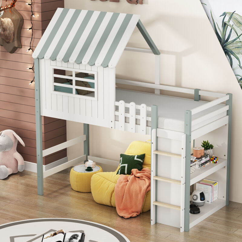 foto del prodotto okwish letto per bambini 90x200 cm letto alto e basso per ragazzi e ragazze letto a tetto con scaletta di sicurezza con vano contenitore letto
