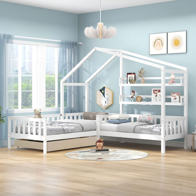 foto del prodotto okwish letto per bambini con cassetti e ripiani, in legno massello con recinzione e rete a doghe, struttura a l, bianco 90x200 cm 140x70 cm 