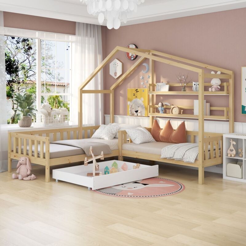 foto del prodotto okwish letto per bambini con cassetti e ripiani, in legno massiccio con recinzione e rete a doghe, struttura a l, naturale 90x200 cm 140x70 cm 