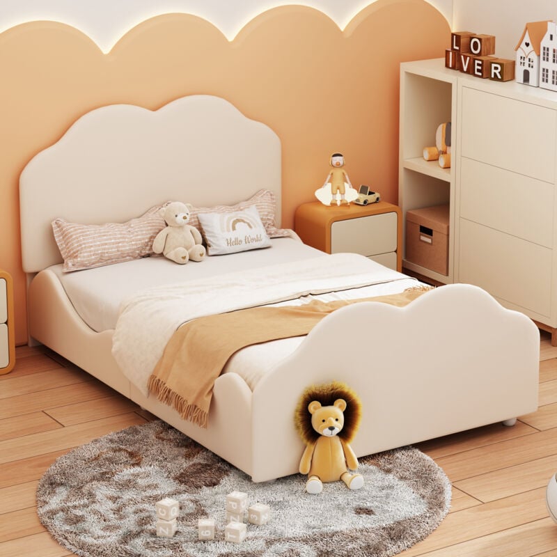 foto del prodotto okwish letto per bambini imbottito struttura per letto per bambini con ringhiera alta 90 x 200 cm con testata e pediera a forma di nuvola. letto