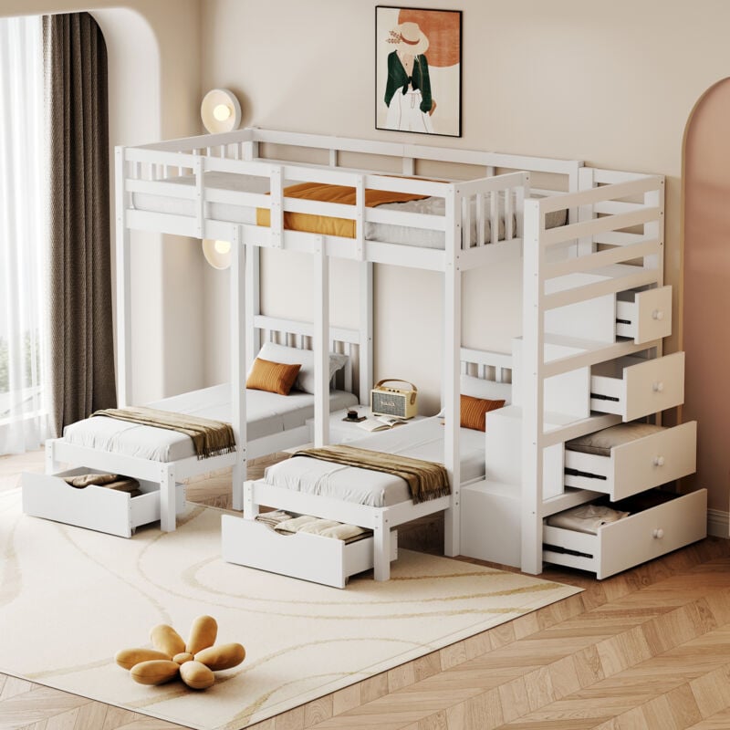foto del prodotto okwish letto per bambini in legno massiccio 90200 cm, letto a castello con cassetti portaoggetti e scala di sicurezza, versione con griglia di