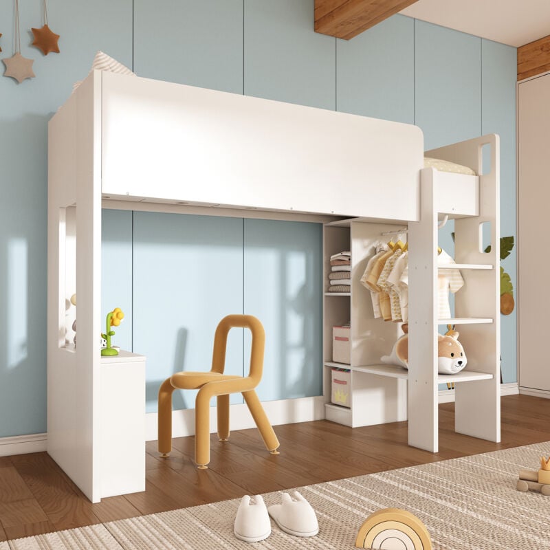 foto del prodotto okwish letto per bambini, letto a soppalco letto singolo 90 x 200 cm, letto multiuso in legno 3 in 1 con contenitore, armadio, ripiani aperti e