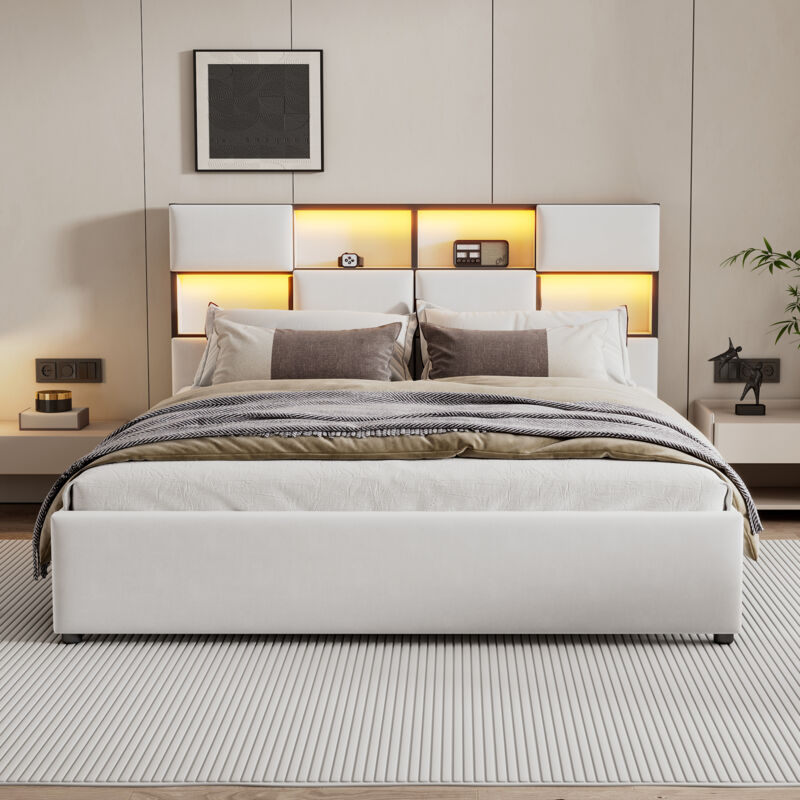 foto del prodotto okwish letto piano 160200 cm, luce ambientale regolabile, vani portaoggetti multipli sul lato del letto, porta usb, beige