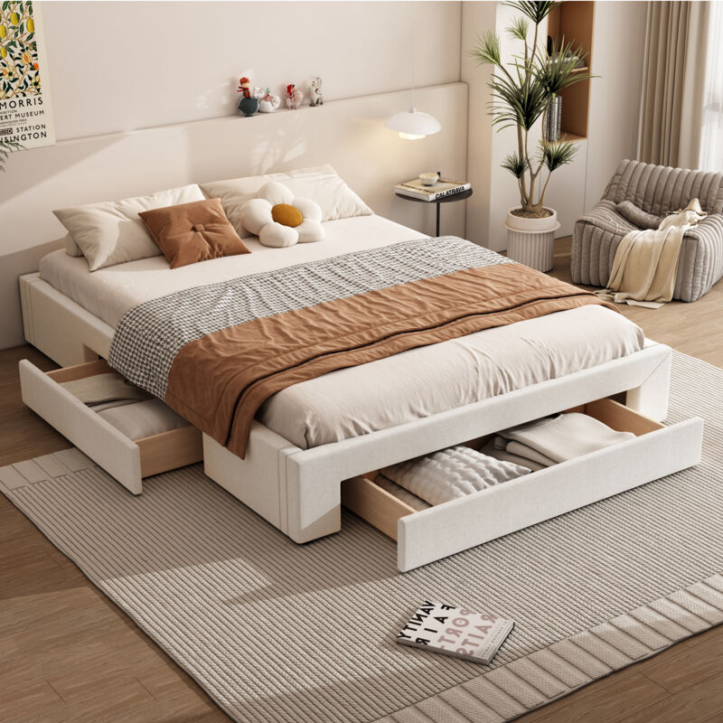 foto del prodotto okwish letto piano 160200 cm, tre vani contenitore, senza testiera, colore beige