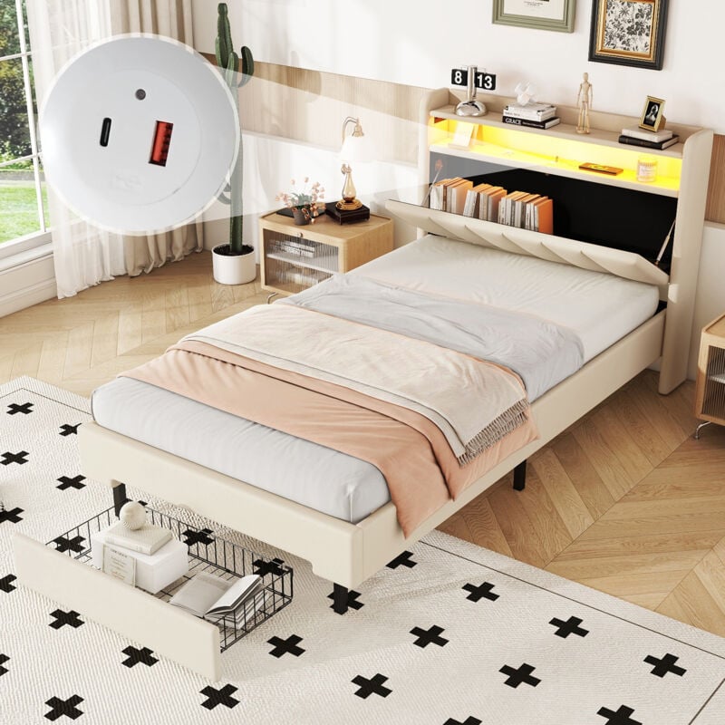 foto del prodotto okwish letto piano 90200 cm, letto imbottito, lampada riscaldante a led, presa usb, testiera ribaltabile, vano portaoggetti integrato, box letto,
