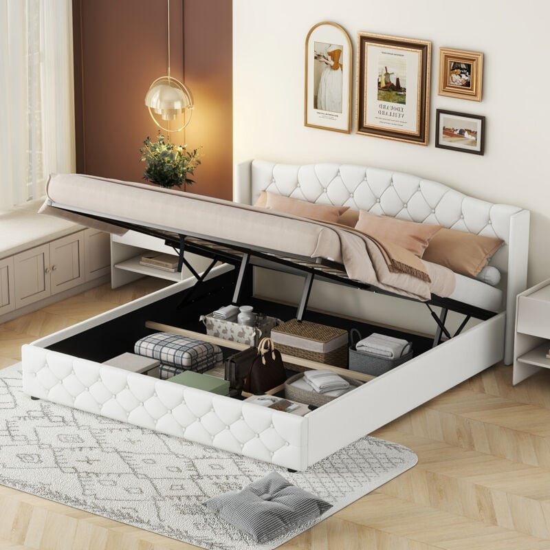 foto del prodotto okwish - letto piano multifunzionale 180 x 200 con stoccaggio idraulico, bianco