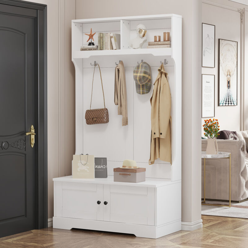 foto del prodotto okwish mobile da ingresso bianco con vano portaoggetti nella parte inferiore del sedile con 4 ganci per appendere e 2 scomparti nella parte