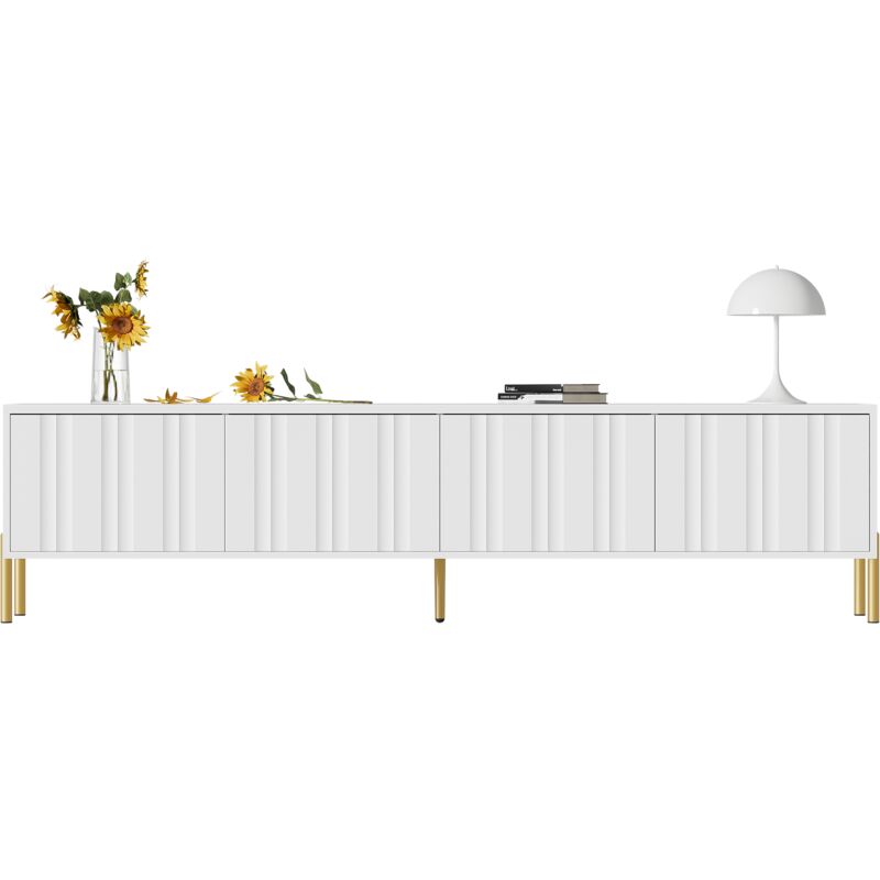 foto del prodotto okwish mobile tv bianco, 190 cm di lunghezza x 38 cm di larghezza x 48 cm di altezza, gambe del tavolo dorate, design delle ante scanalate