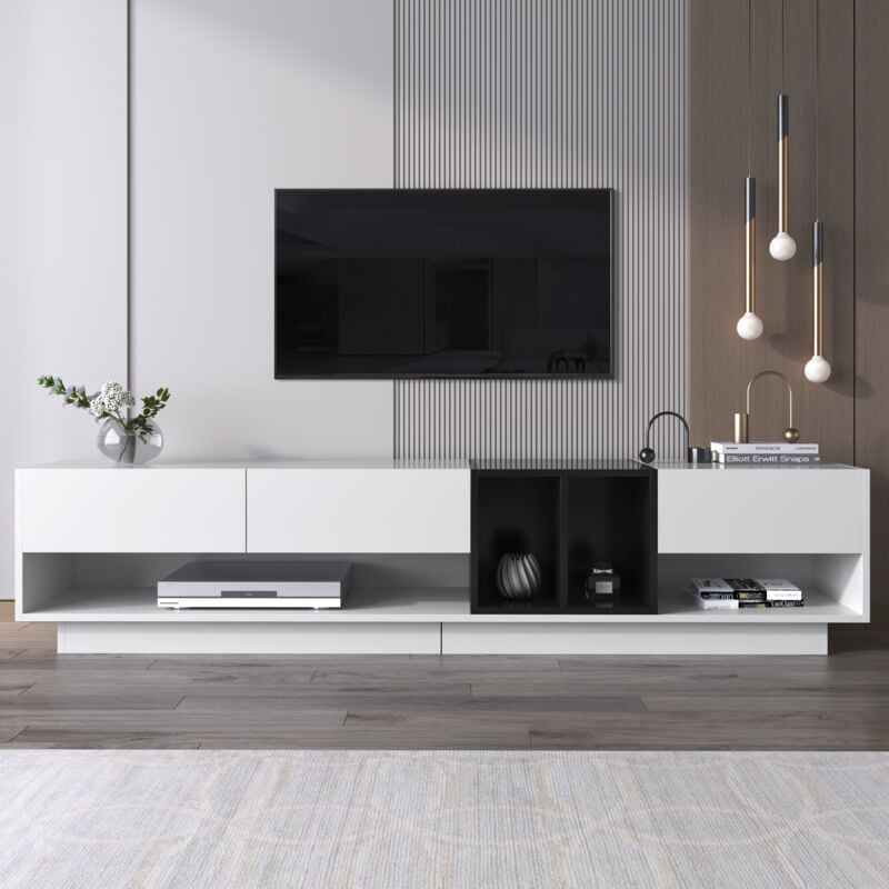 foto del prodotto okwish mobile tv, credenza bassa, combinazione in bianco e nero lucidi. design color block, cassetti, scomparti, molteplici spazi di archiviazione