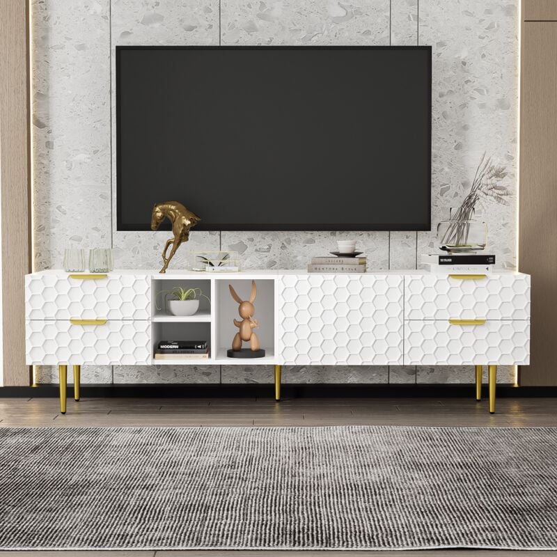 foto del prodotto okwish mobile tv, credenza bassa con ante strutturate, mobile tv con cassetti, vani a giorno, maniglie oro e gambe oro