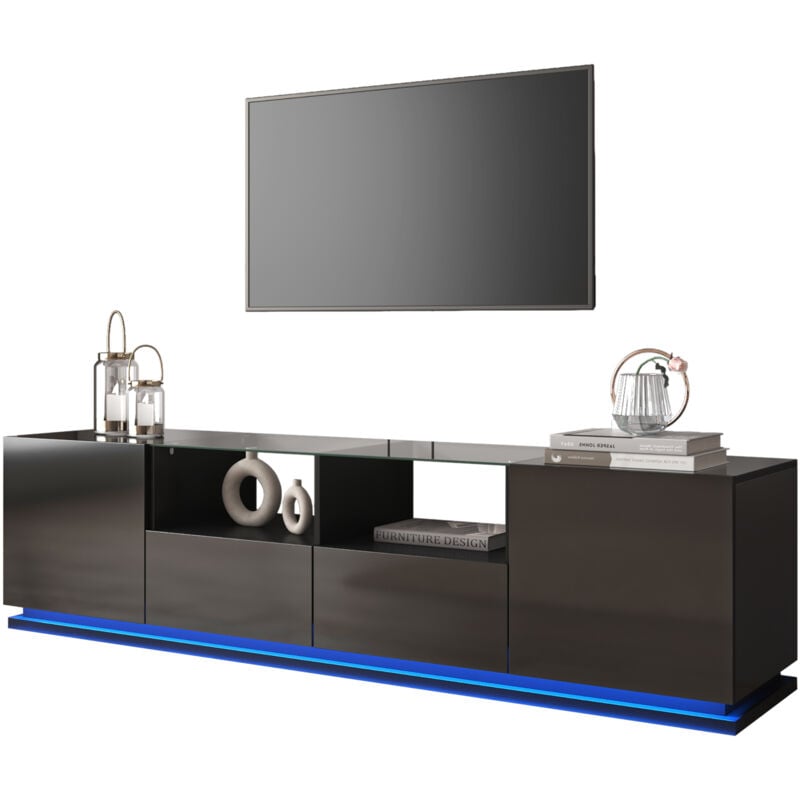 foto del prodotto okwish mobile tv lucido con ripiani in vetro, due cassetti e due ante, credenza bassa con effetti di luce led multicolori