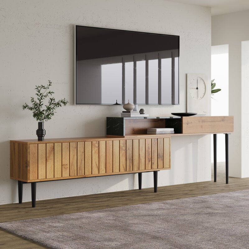 foto del prodotto okwish mobile tv moderno con design in marmo e venature del legno, bordo in pvc, gambe in ferro, colore legno scuro, decorazioni per la casa,