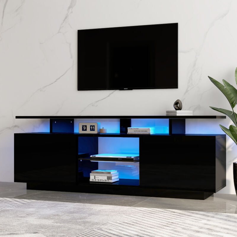 foto del prodotto okwish mobile tv moderno nero con illuminazione led a 16 colori, lunghezza 1,4 m elegante mobile portaoggetti per tv da 60 , striscia luminosa a