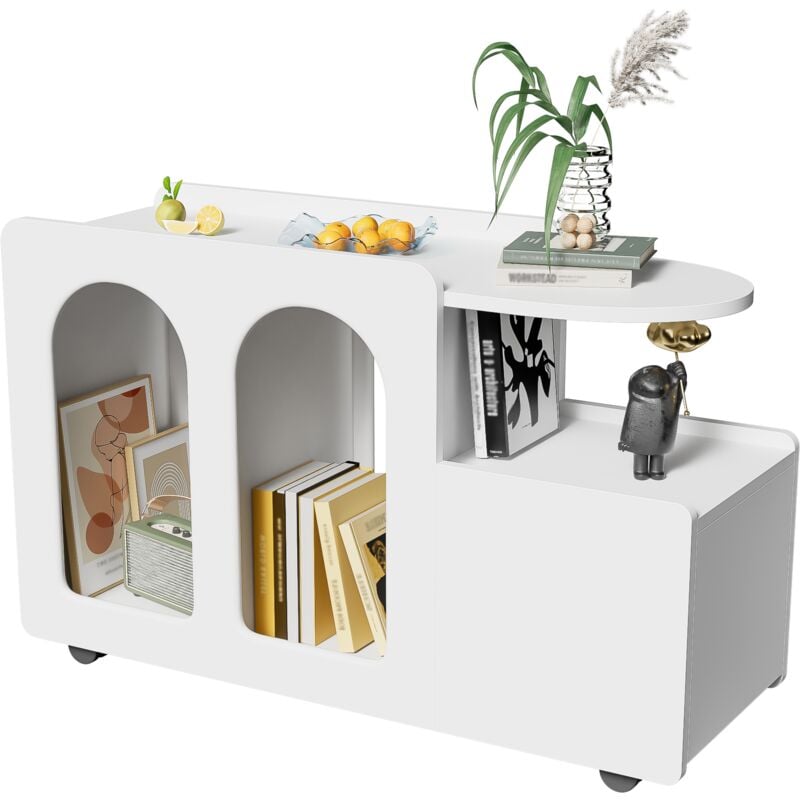 foto del prodotto okwish mobiletto con ruote in accento bianco, carrello portaoggetti versatile per soggiorno, sala da pranzo e camera da letto, larghezza 82 cm,