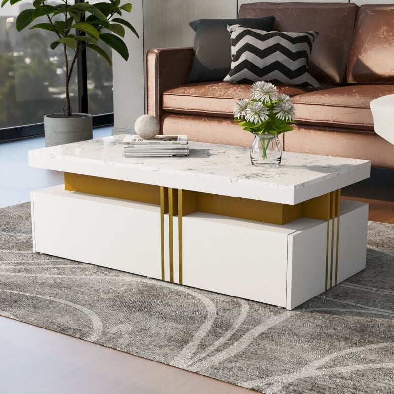 foto del prodotto okwish n625p173142w materiali e immagini modificati tavolino da caff moderno rettangolare con piano lucido con 2 cassetti in legno, piano in
