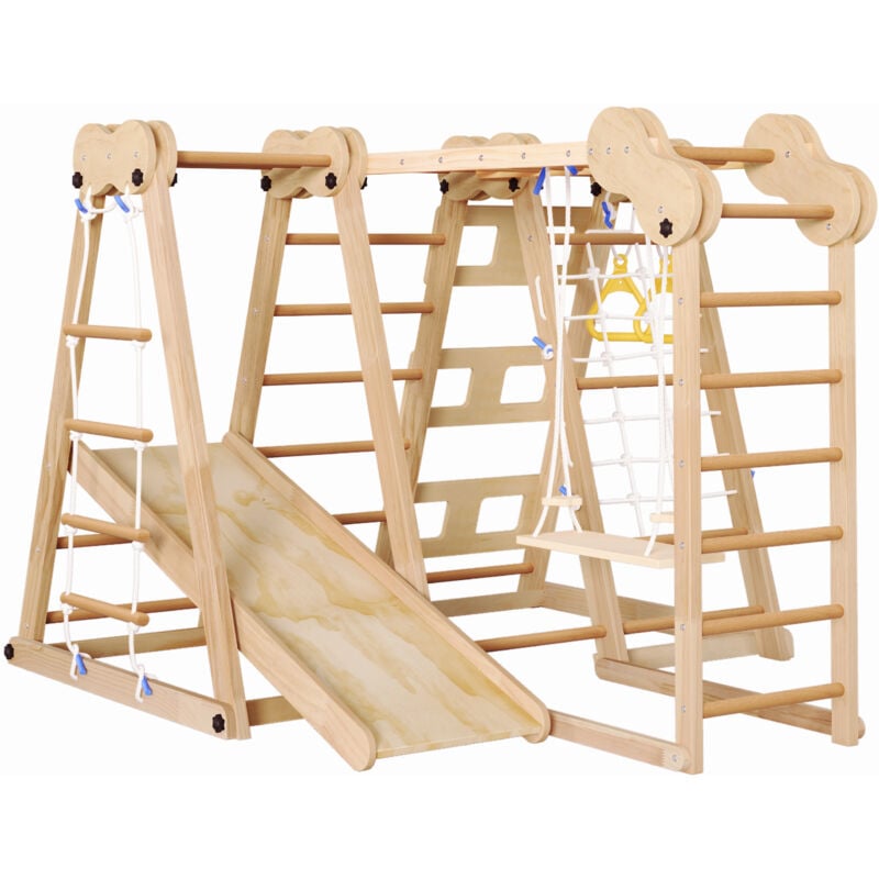 foto del prodotto okwish parco giochi in legno pieghevole multifunzione 7 in 1 con scivolo, barra da arrampicata, altalena, corda da arrampicata, scale a rete e