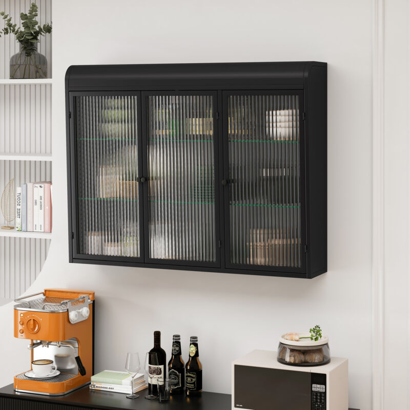 foto del prodotto okwish pensili in vetro con 3 ante ad arco per cucina, soggiorno e bagno nero 