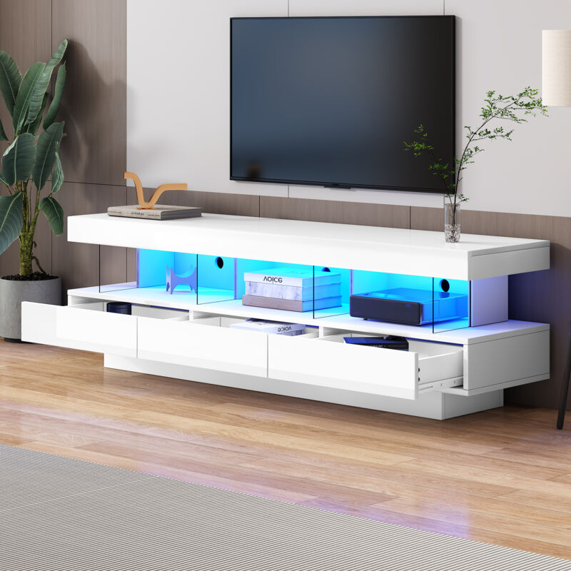foto del prodotto okwish porta tv bianco lucido 160 x 38 x 50,5 cm con 3 scomparti in vetro, illuminazione led, controllo app, connessione bluetooth, per tv 70