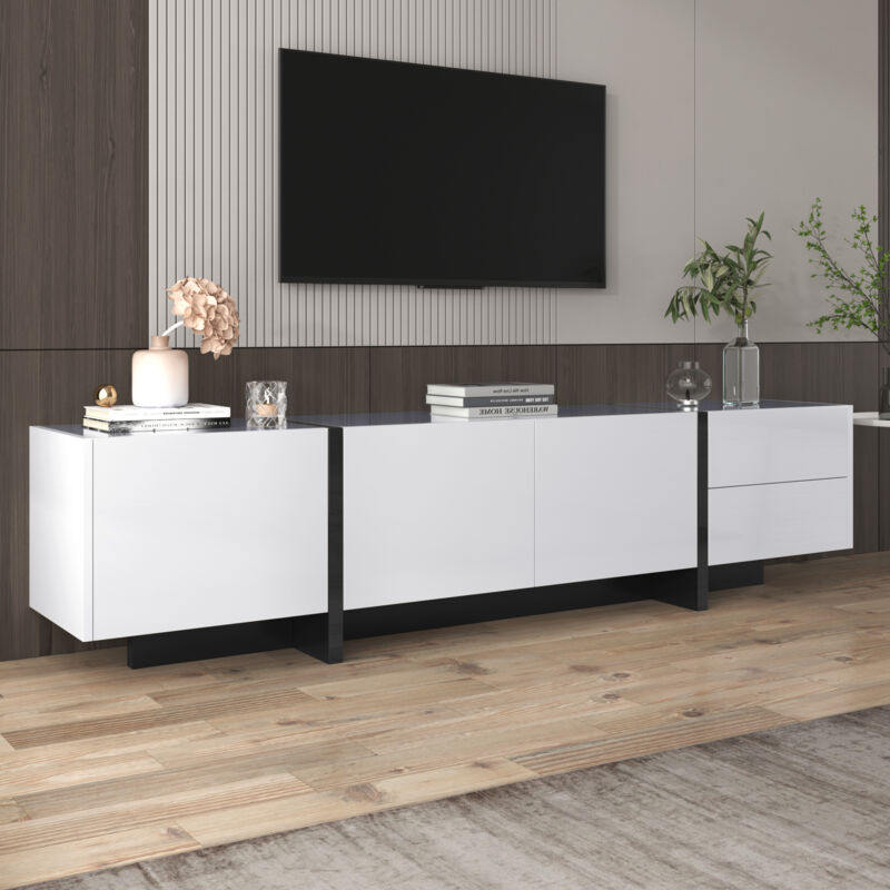 foto del prodotto okwish porta tv, credenza bassa con gambe color block bianco e nero lucido, con ante e cassetti, ante con ripiani. design dalla linea semplice.
