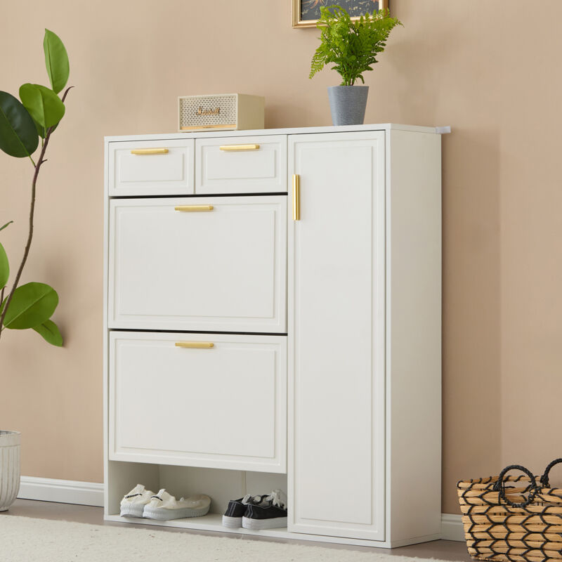 foto del prodotto okwish scarpiera moderna, con ripiani regolabili, maniglie dorate, cassetti, scarpiera pieghevole e ante, bianco, l95 p24 h107,5