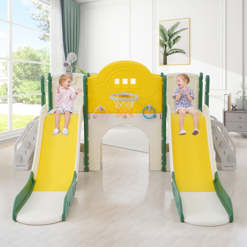 foto del prodotto okwish scivolo da arrampicata per bambini 8 in 1, scivolo multifunzionale con 2 scivoli, scivolo autoportante, arrampicata, gioco di esercitazione,