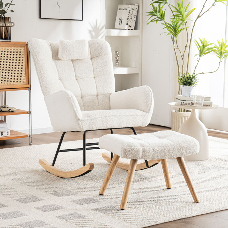 foto del prodotto okwish sedia a dondolo ergonomica bianca alta 92 cm, larghezza del sedile 65 cm inclusi 1 cuscino e 1 poggiapiedi 493838 cm , robusta base in