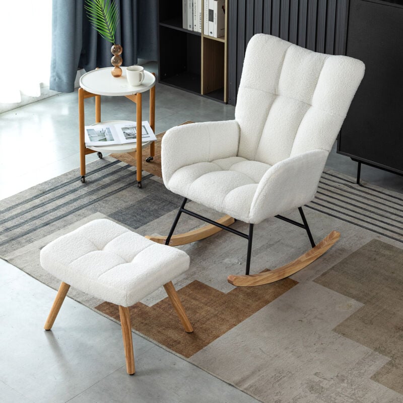 foto del prodotto okwish sedia a dondolo ergonomica bianca, altezza 92 cm, larghezza seduta 65 cm con poggiapiedi 493838 cm , robusta struttura in legno della