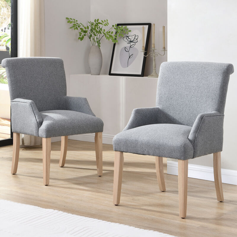foto del prodotto okwish sedia da pranzo in lino, set da 2 con gambe in legno massello, con braccioli, cuscino spesso, gambe regolabili, sedia da camera da letto,