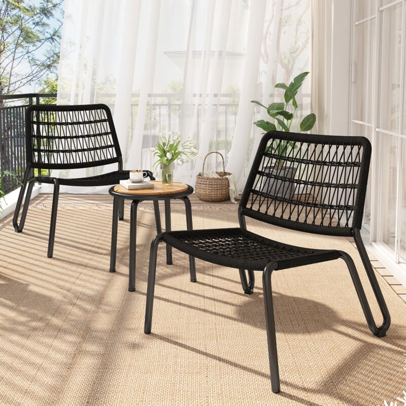 foto del prodotto okwish set da bistrot da balcone da 3 pezzi in acciaio zincato, corda intrecciata a mano, piano del tavolo in legno massello, sedie con capacit di
