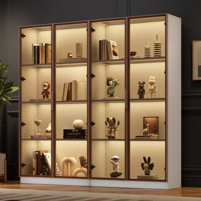 foto del prodotto okwish set di 2 vetrine in vetro bianco con illuminazione led a 16 colori, vetrina con ante battenti e ripiani spostabili, 8040160 cm singola ,