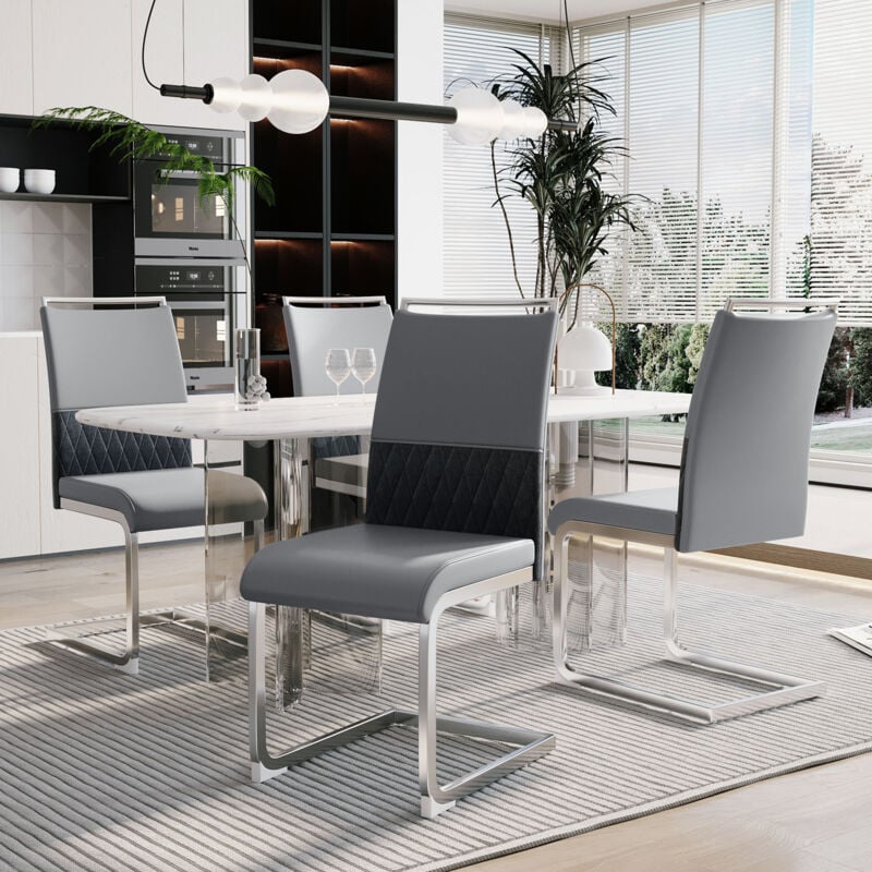 foto del prodotto okwish set di 4 sedie da pranzo moderne, schienale in ecopelle pu e lino, sedia laterale imbottita con schienale alto, design dello schienale a