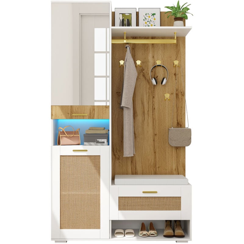 foto del prodotto okwish set guardaroba, set guardaroba con specchio, 5 ganci dorati, scarpiera, attaccapanni a muro, vano portaoggetti superiore, panca e
